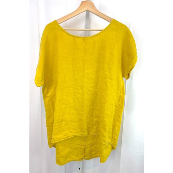 TERZO MILLENNIO Size M Italy Linen Short Sleeve Top Hi Low Button Back Yellow - Picture 1 of 8